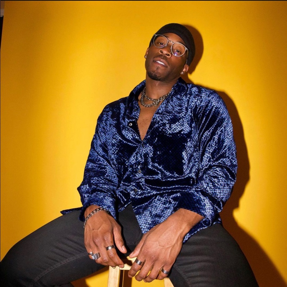 Reflective blue and black checkered button up